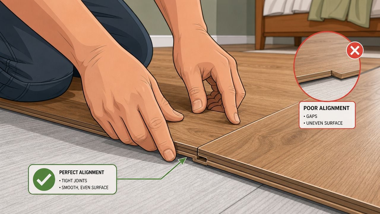 A close-up illustration showing hands installing laminate floor planks to demonstrate proper versus poor alignment techniques.