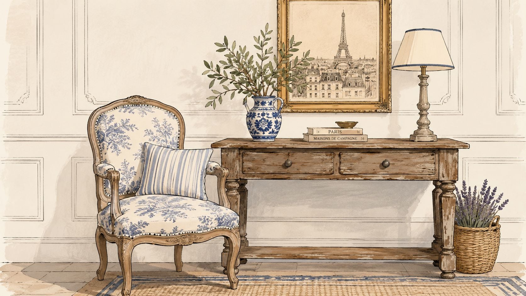 A classic French style entryway with an upholstered armchair, wooden console table, and Eiffel Tower wall art.
