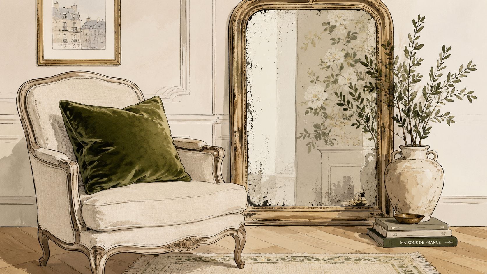 A cozy, vintage-style French armchair with a plush green velvet pillow placed beside an antique floor mirror.