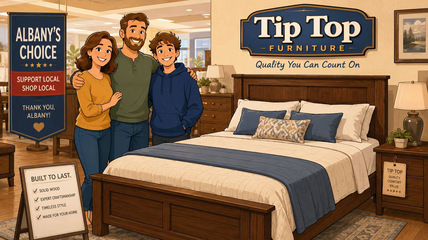 A happy family standing in a cozy furniture store next to a high-quality solid wood bed frame.