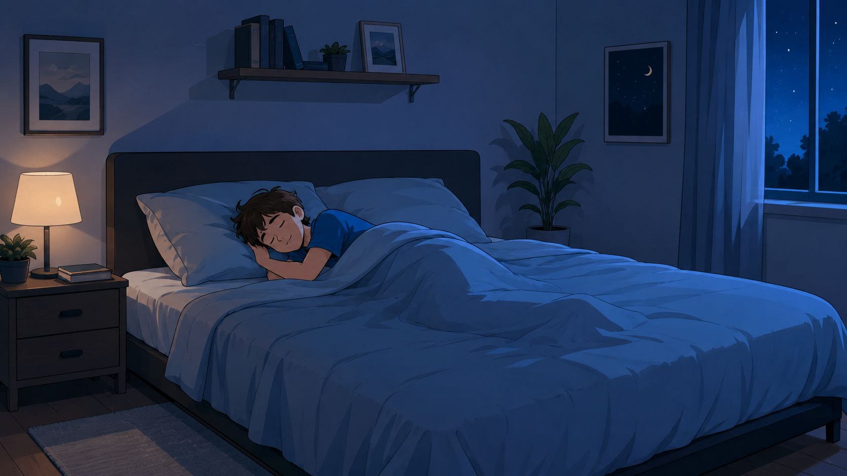 A teenage boy sleeping soundly in a cozy, modern bedroom with dimmed lighting at night time.