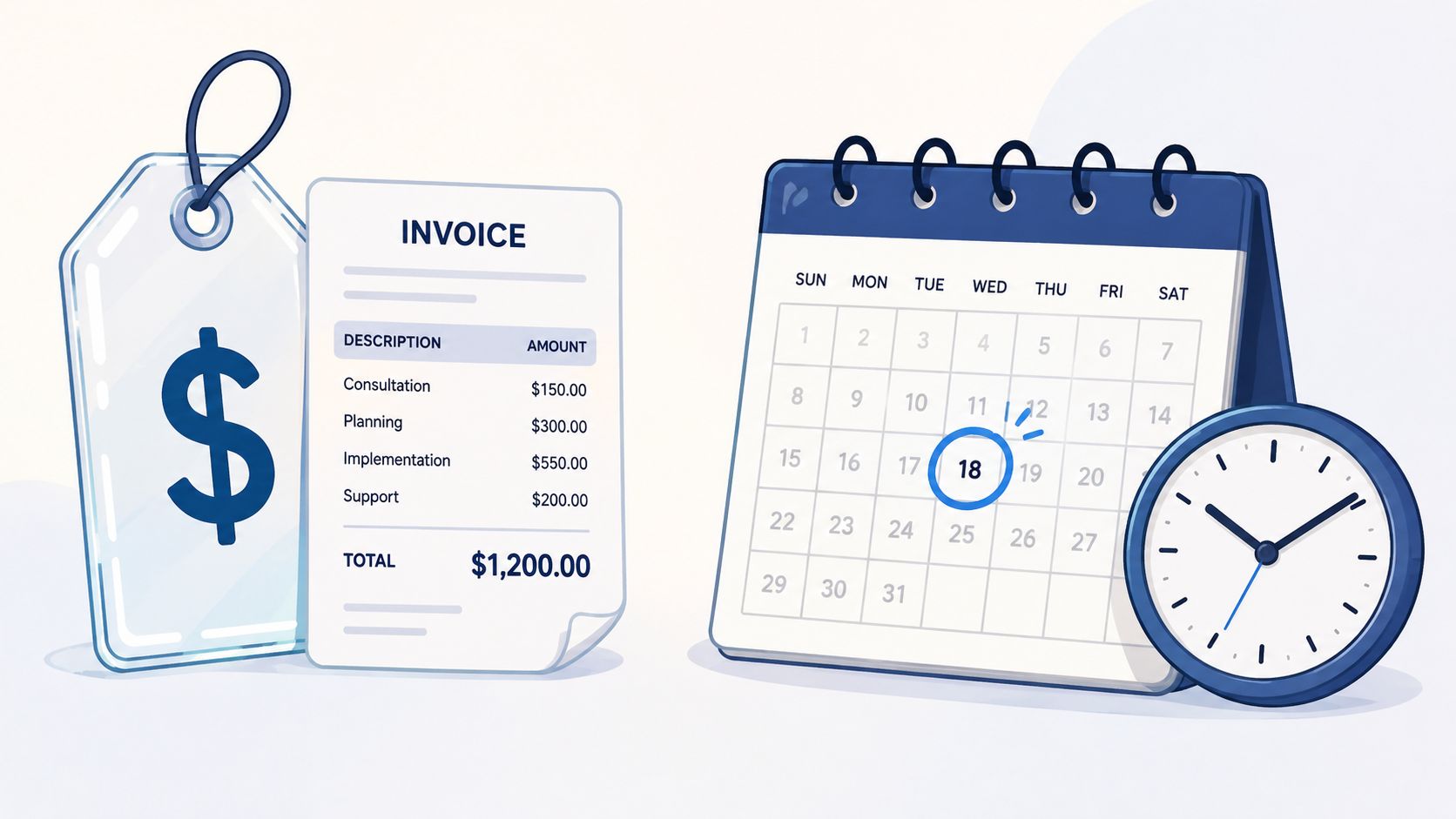 A digital illustration showing a professional invoice and a calendar with the eighteenth day circled.