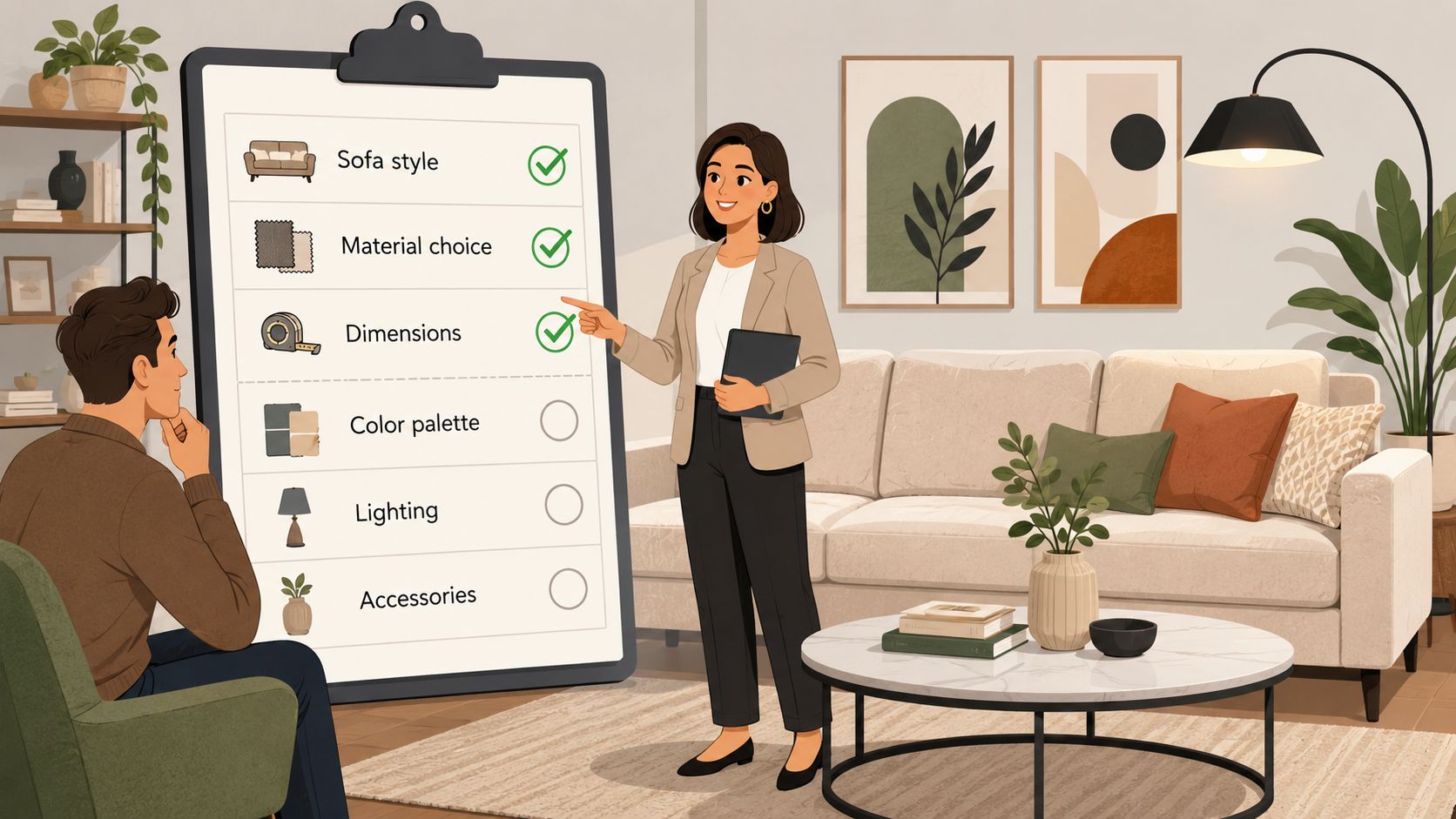 A professional interior designer presents a furniture selection checklist to a client in a modern living room.