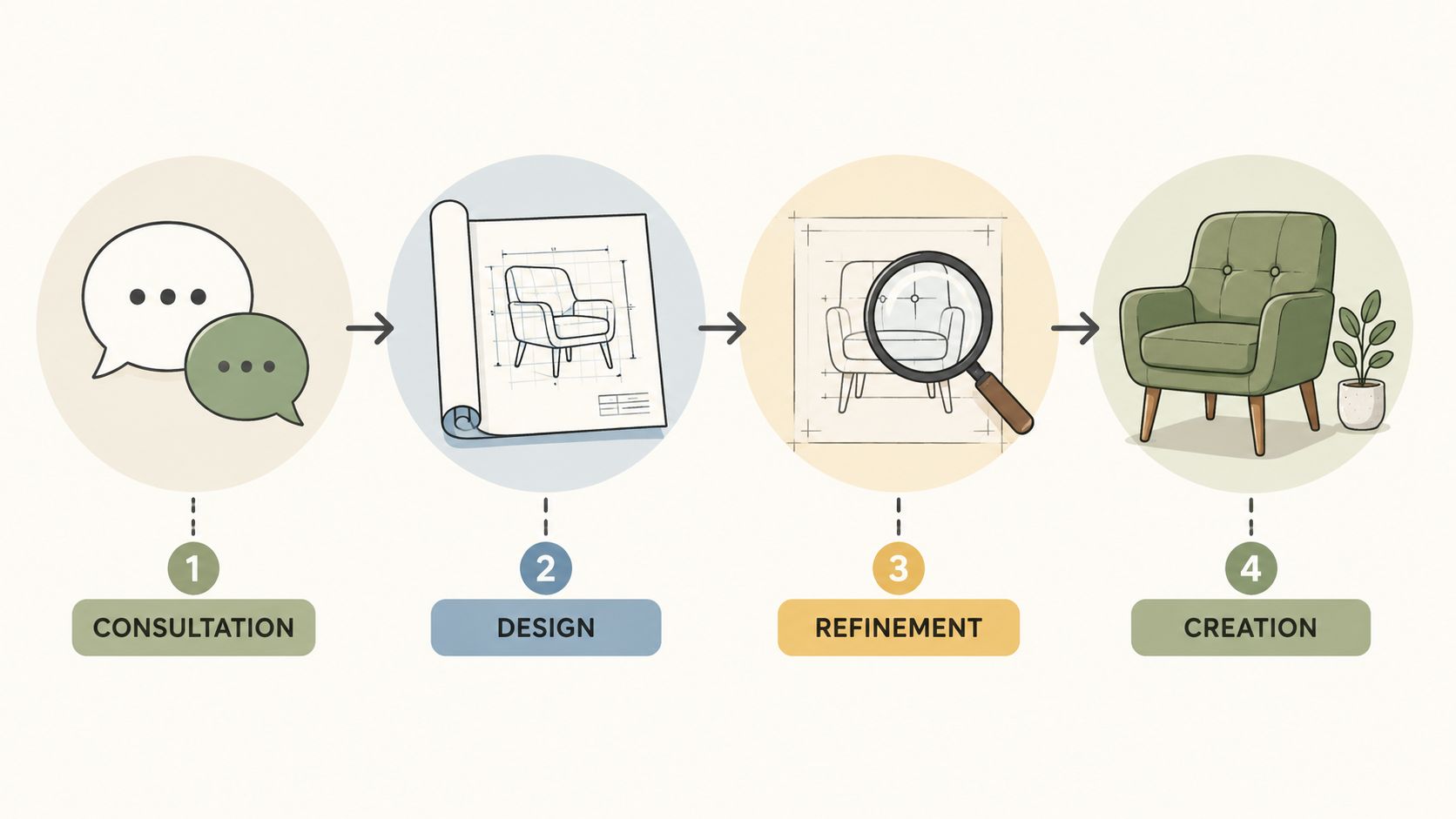 A four-step infographic illustrating the furniture design process from initial consultation to final creation.
