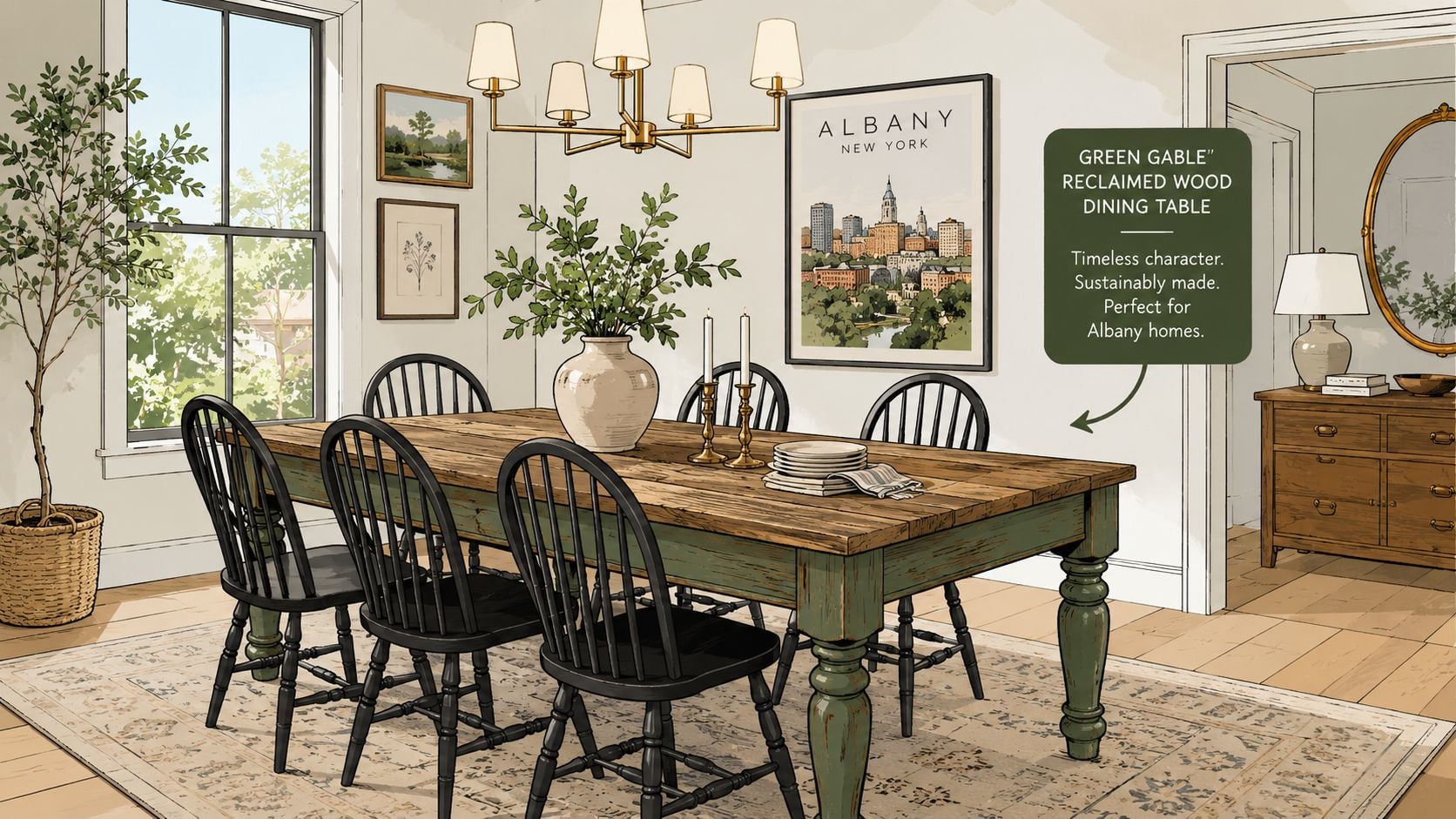 A rustic reclaimed wood dining table with green painted legs in a bright, decorated dining room setting.