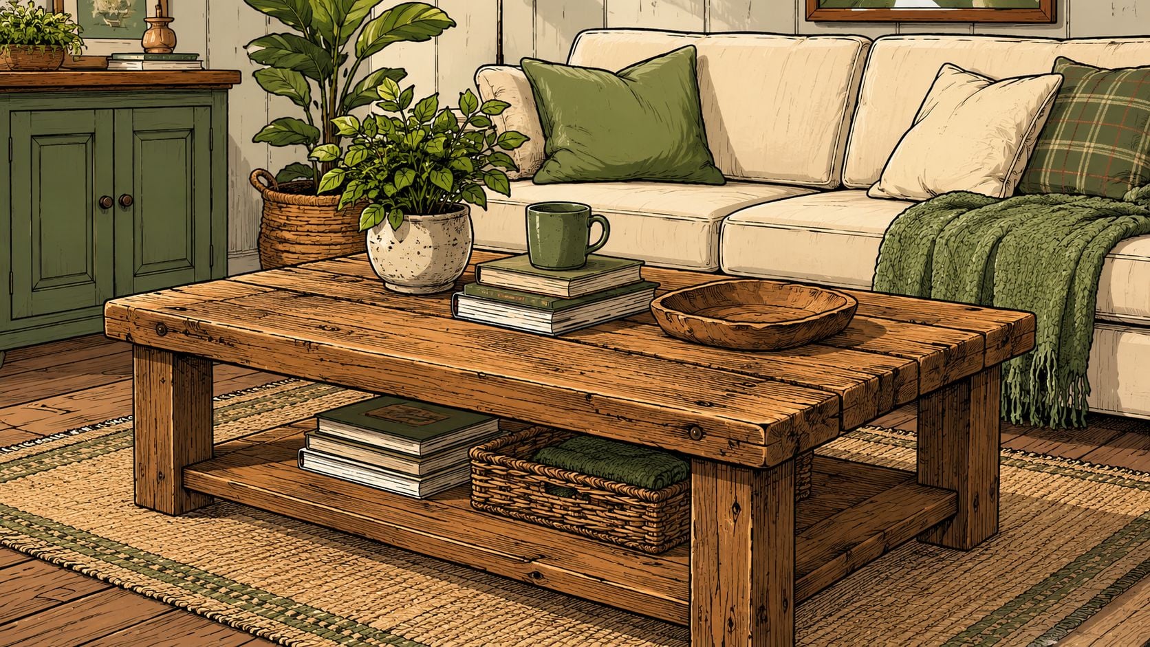 A cozy living room with a rustic wooden coffee table, cream-colored sofa, and green decorative accents.