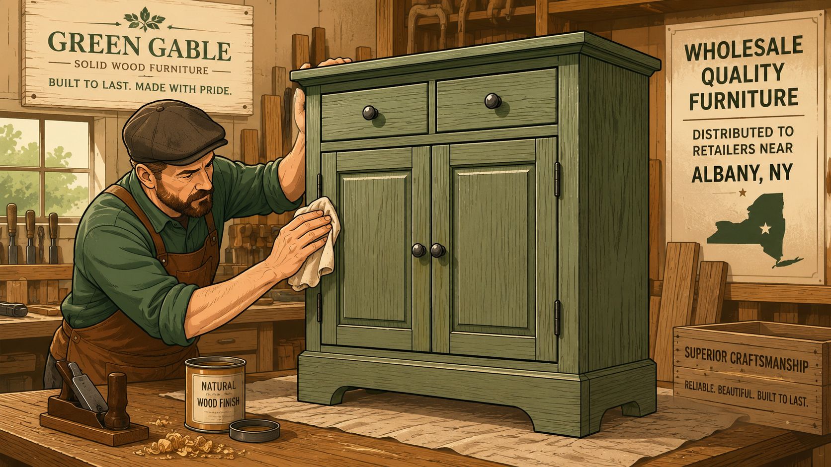 A craftsman in an apron polishing a green wooden cabinet in a traditional woodworking workshop.