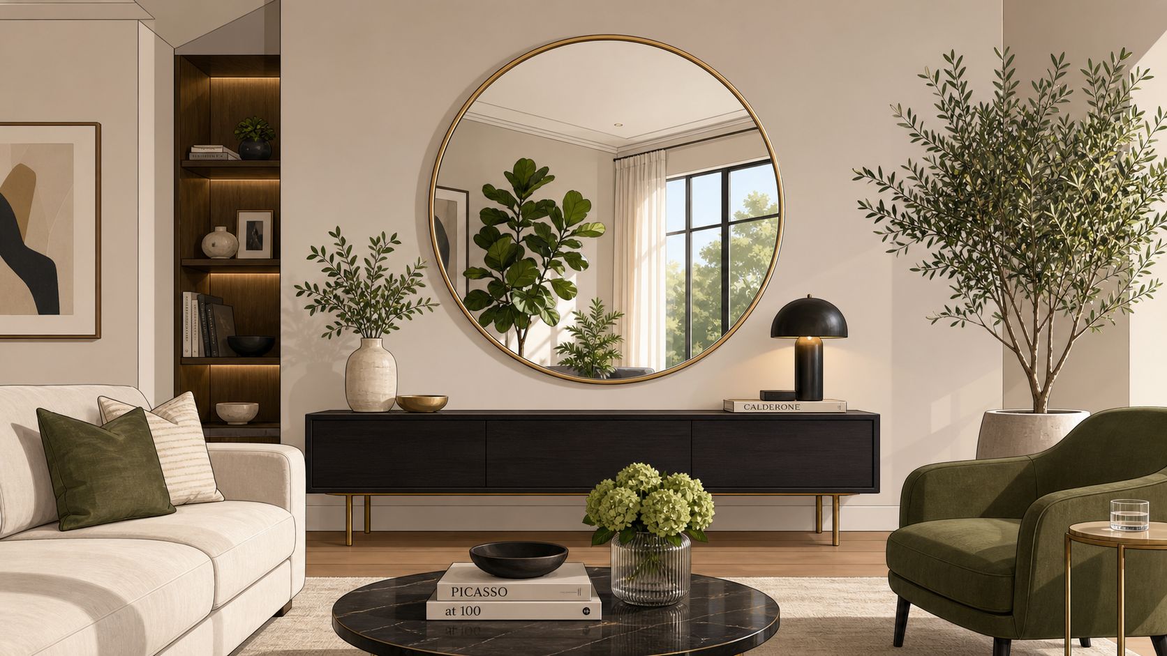 A modern living room featuring a large circular wall mirror above a sleek black console table.
