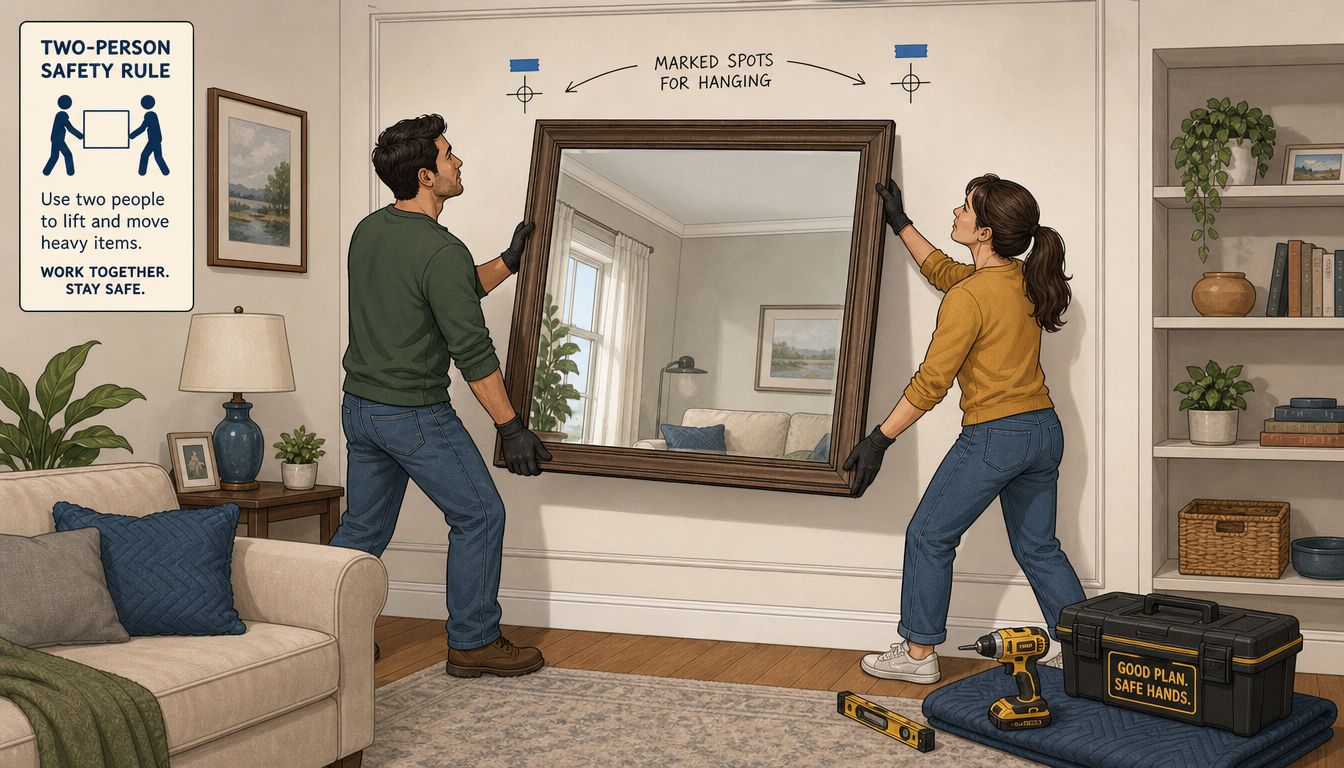 A man and a woman work together as a team to lift and hang a large heavy mirror.