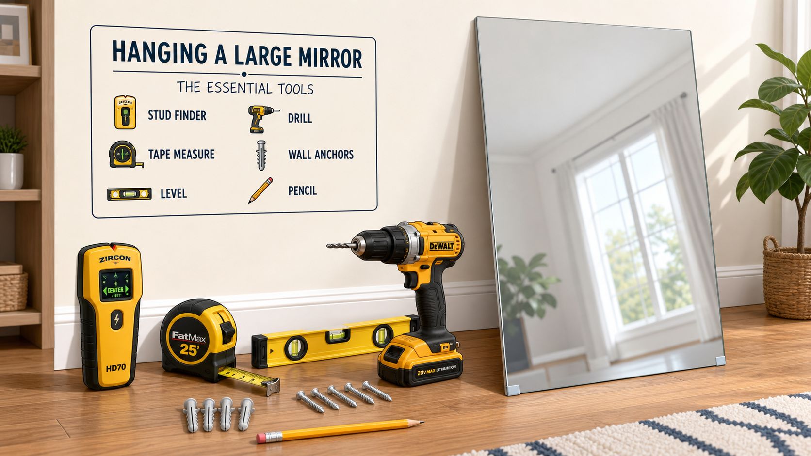 A display of essential tools like a stud finder, drill, and level for hanging a large mirror.