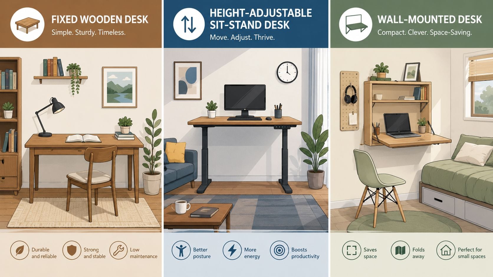 A comparison chart showing three types of desks: fixed wooden, height-adjustable, and wall-mounted desk configurations.