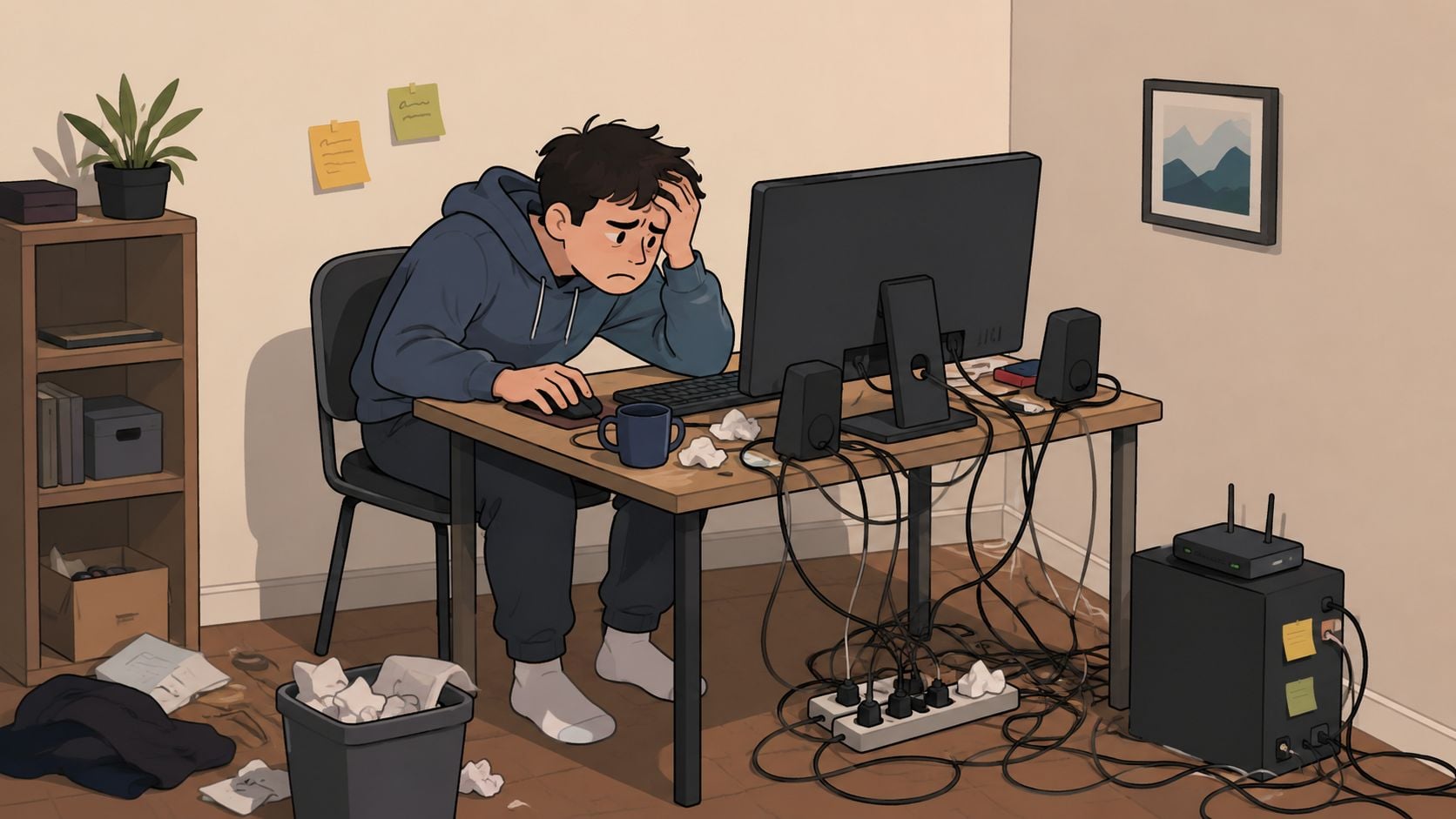 A stressed young man sitting at a cluttered desk with a tangled mess of computer cables.