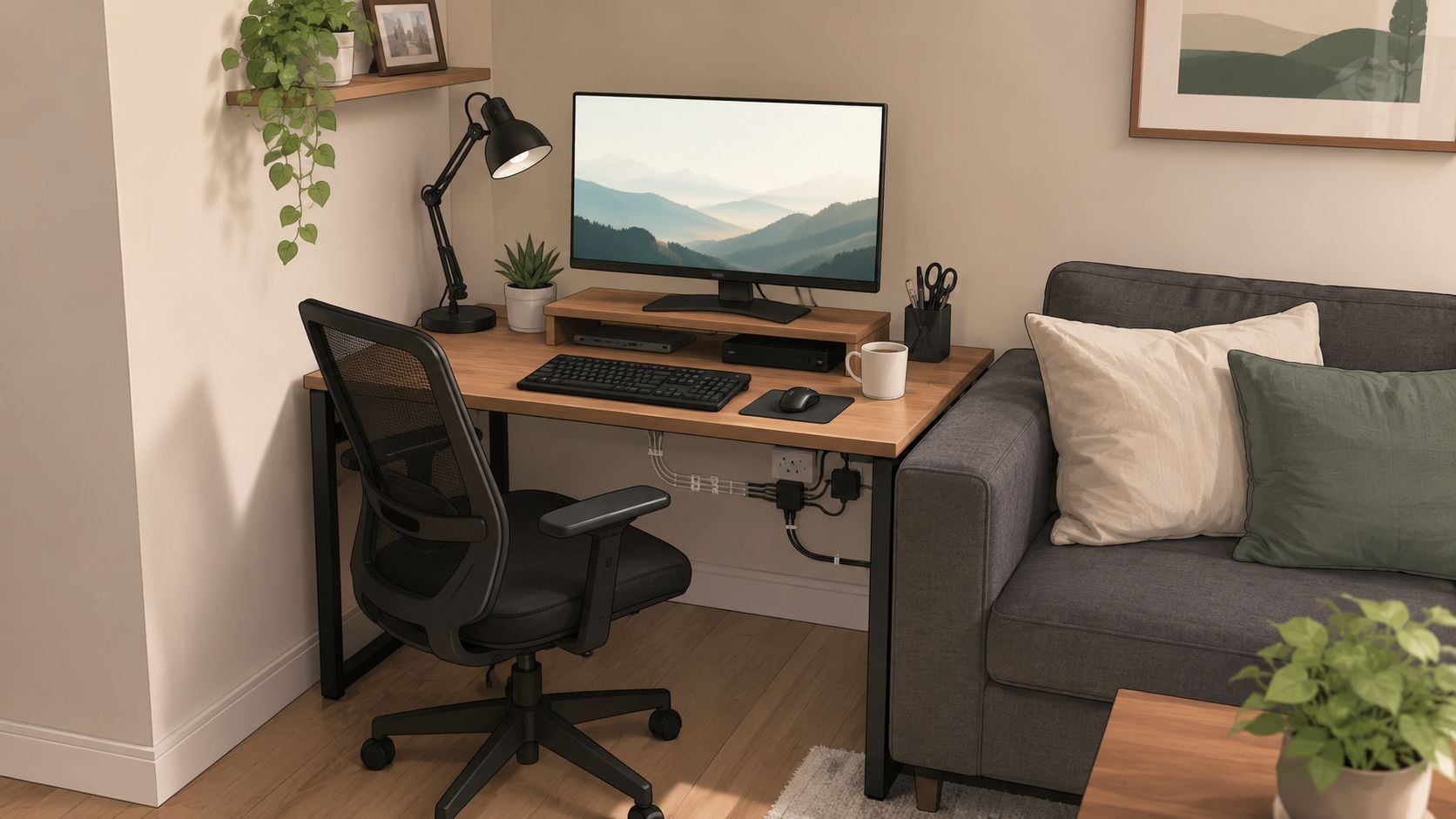 A organized home office desk setup featuring a computer monitor, office chair, and plants in a cozy room.