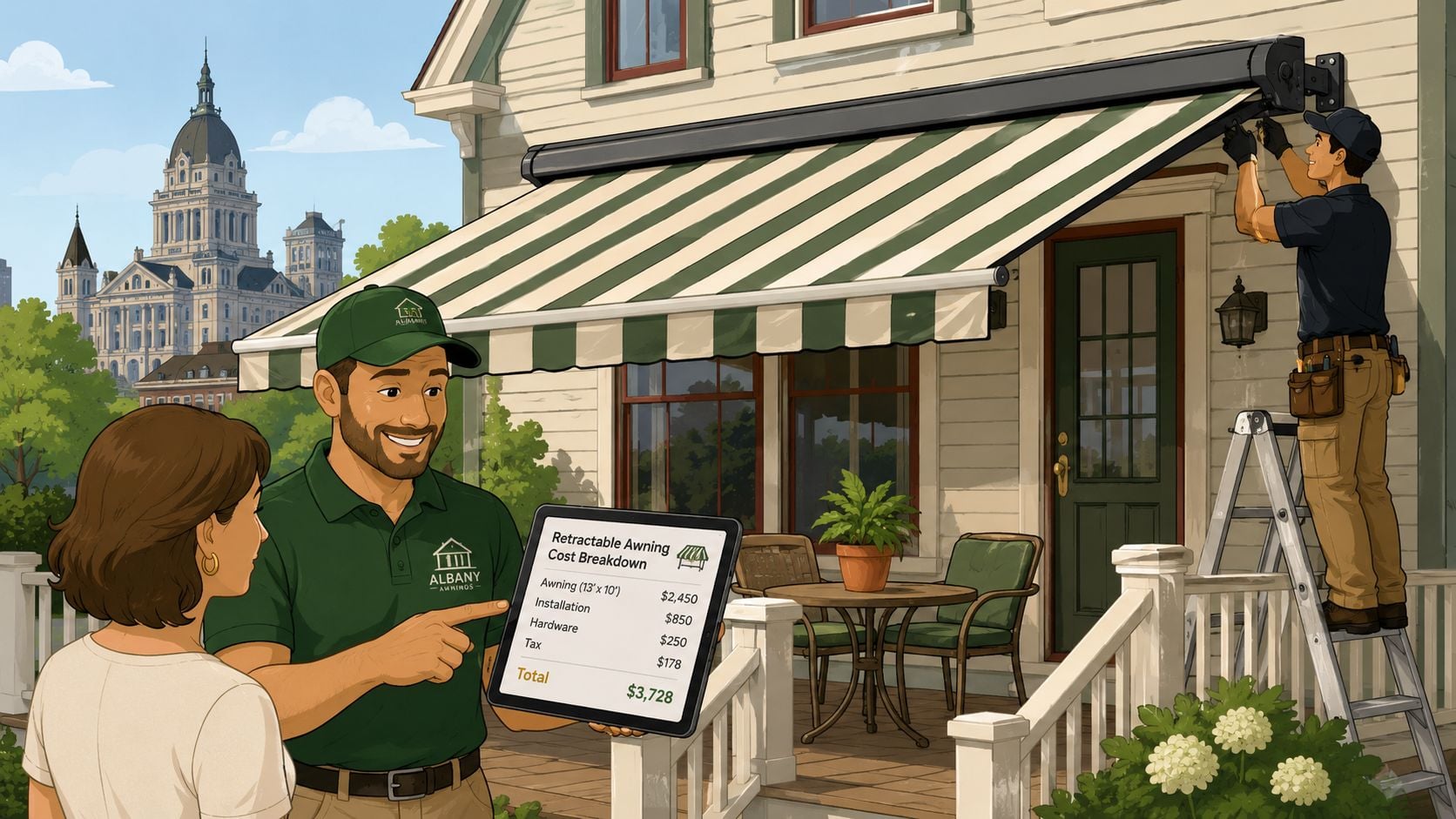 A technician shows a woman a digital cost breakdown tablet for a new retractable awning installation.
