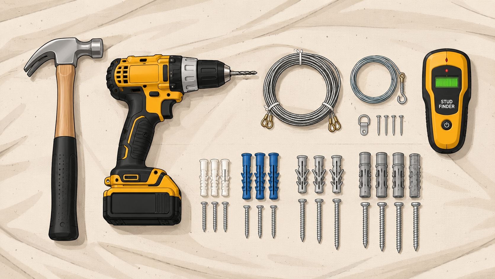 A set of home improvement tools including a hammer, power drill, wall anchors, screws, and stud finder.