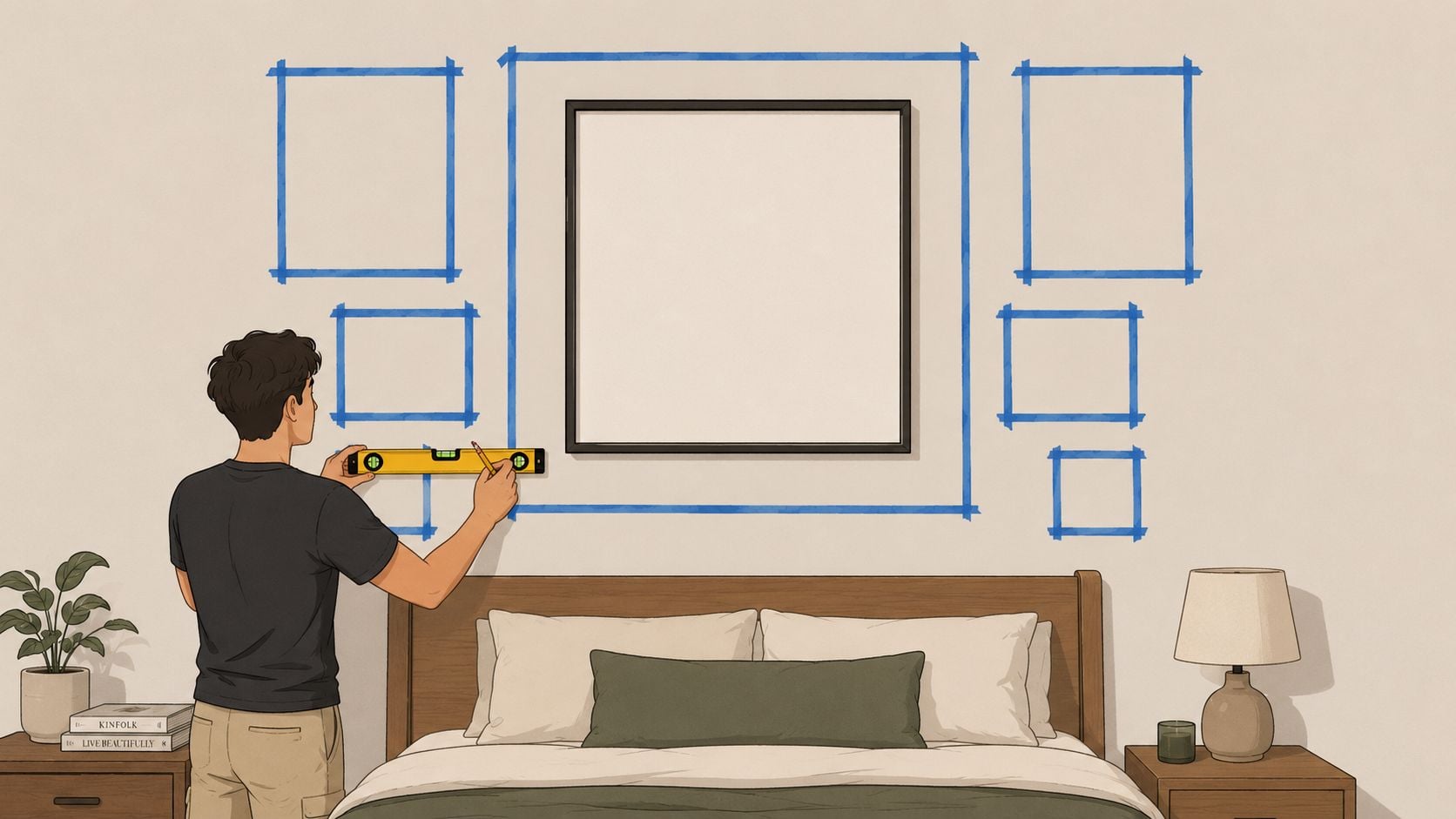 A person hanging pictures using a level tool and blue painter's tape on a bedroom wall.