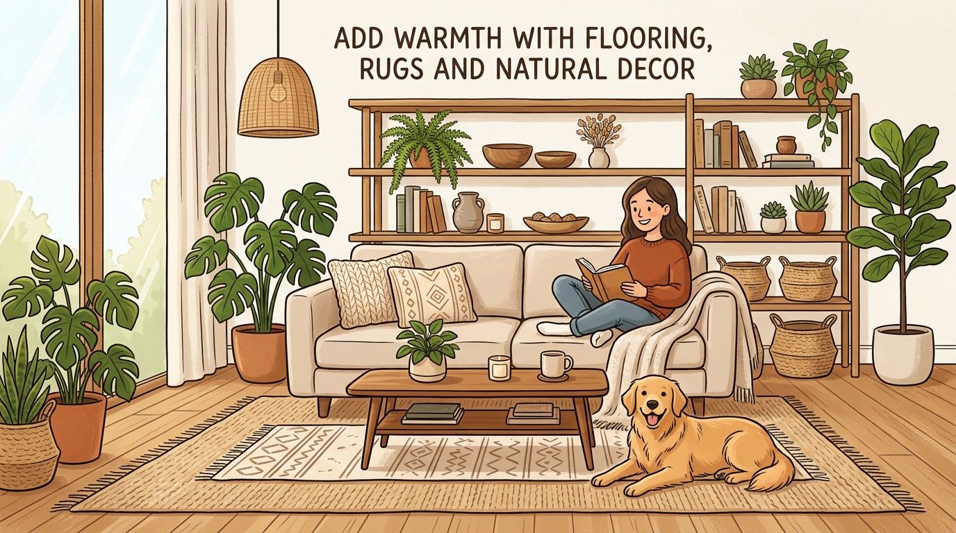 A cozy, sunlit living room with a woman reading on a sofa next to her golden retriever dog.