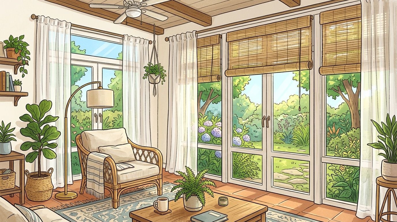 A cozy, sunlit sunroom featuring a wicker chair, indoor plants, and large windows looking onto a lush garden.