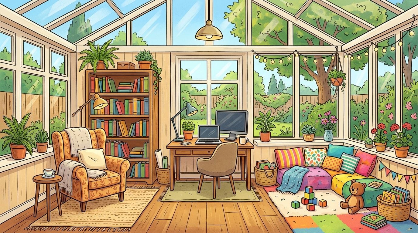 A cozy, sunlit sunroom featuring a reading chair, bookshelves, a desk workspace, and a comfortable play area.