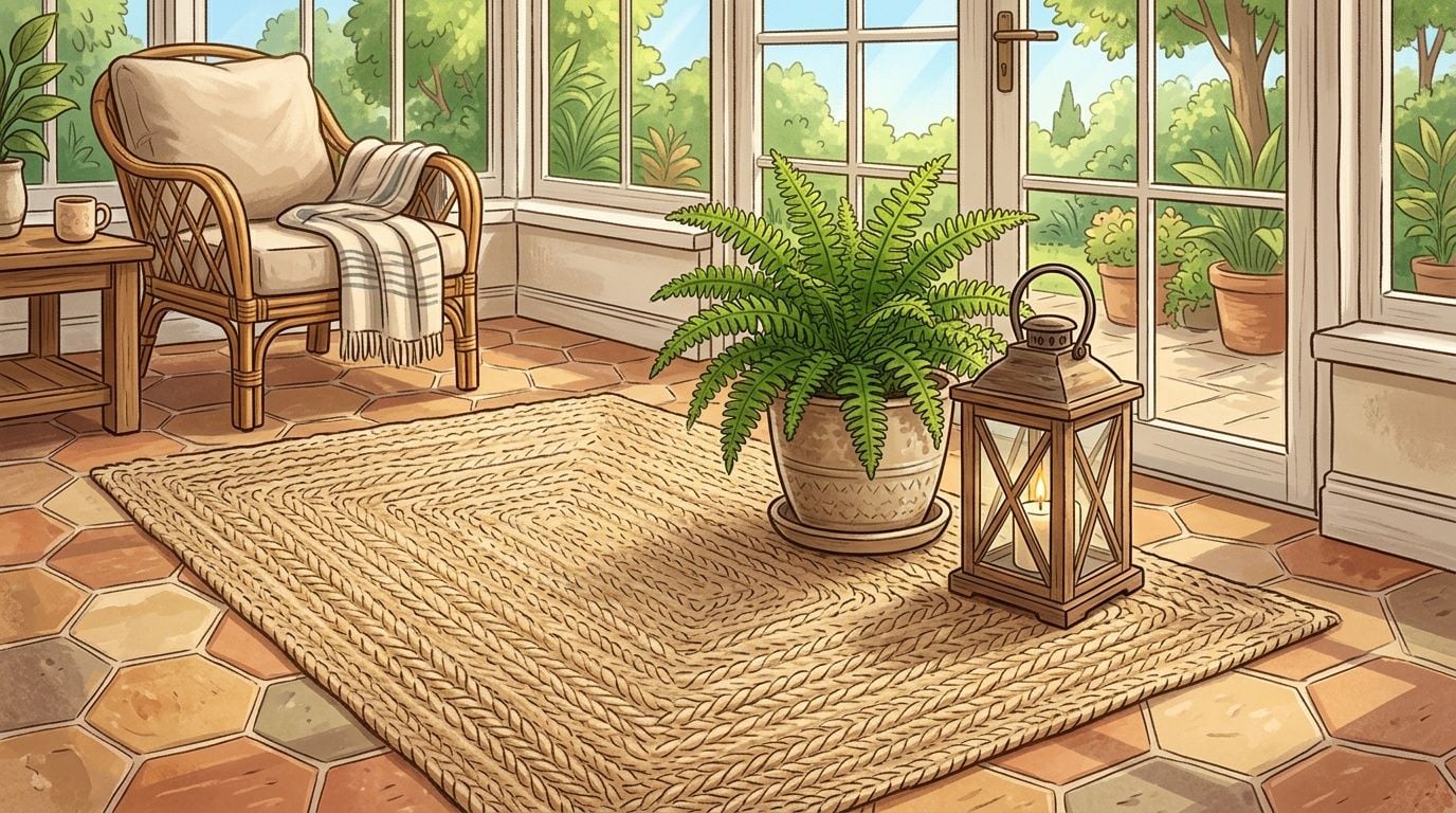 A cozy sunroom featuring a wicker chair, a braided rug, a potted fern, and a decorative lantern.