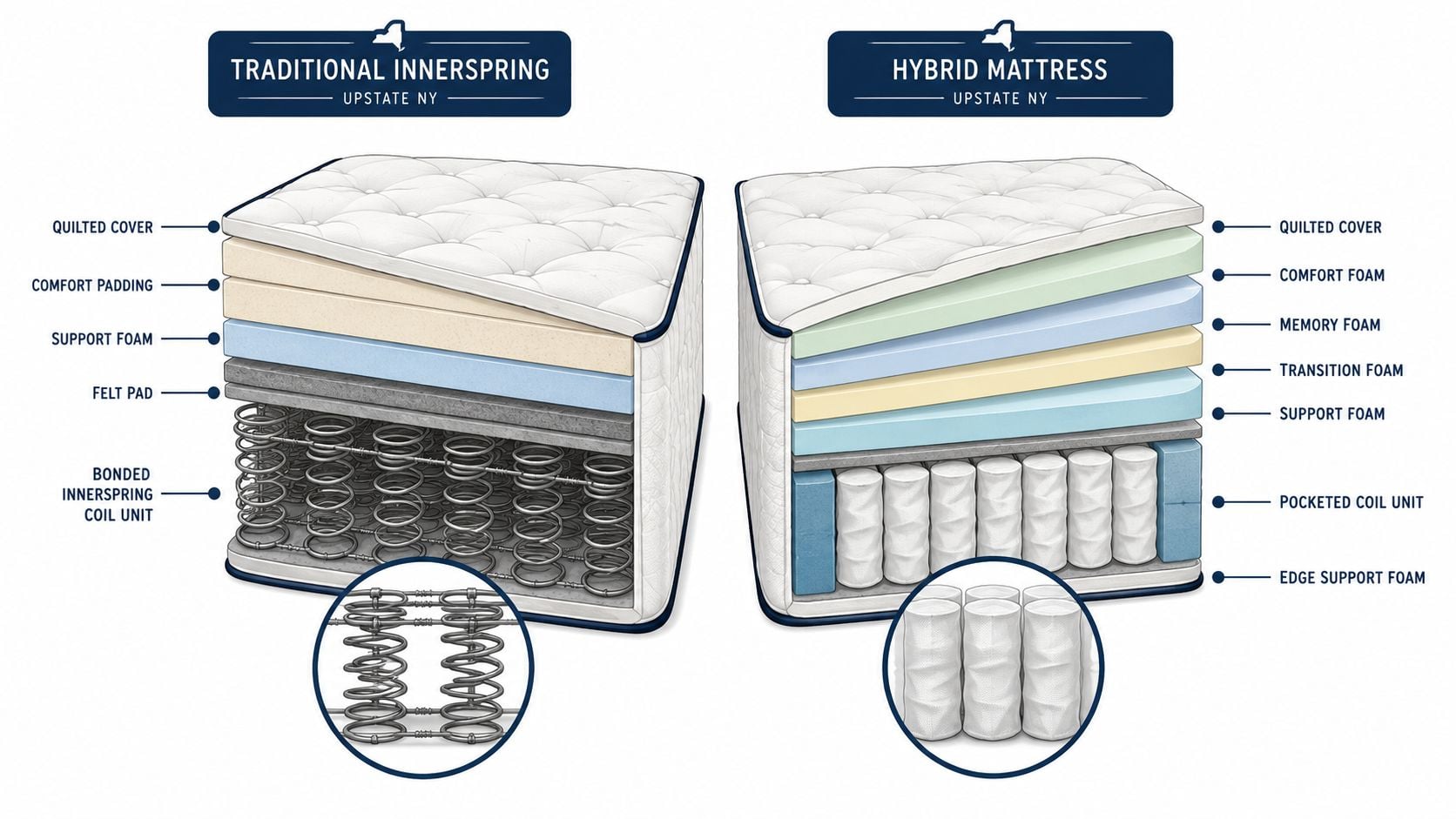 A diagram comparing the internal material layers of a traditional innerspring mattress and a hybrid mattress.