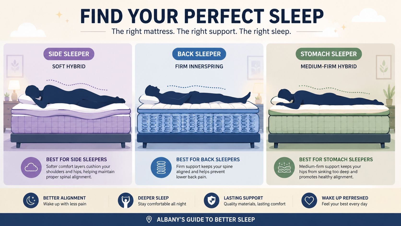 A guide illustrating the best mattress types for side, back, and stomach sleepers to maintain spinal alignment.