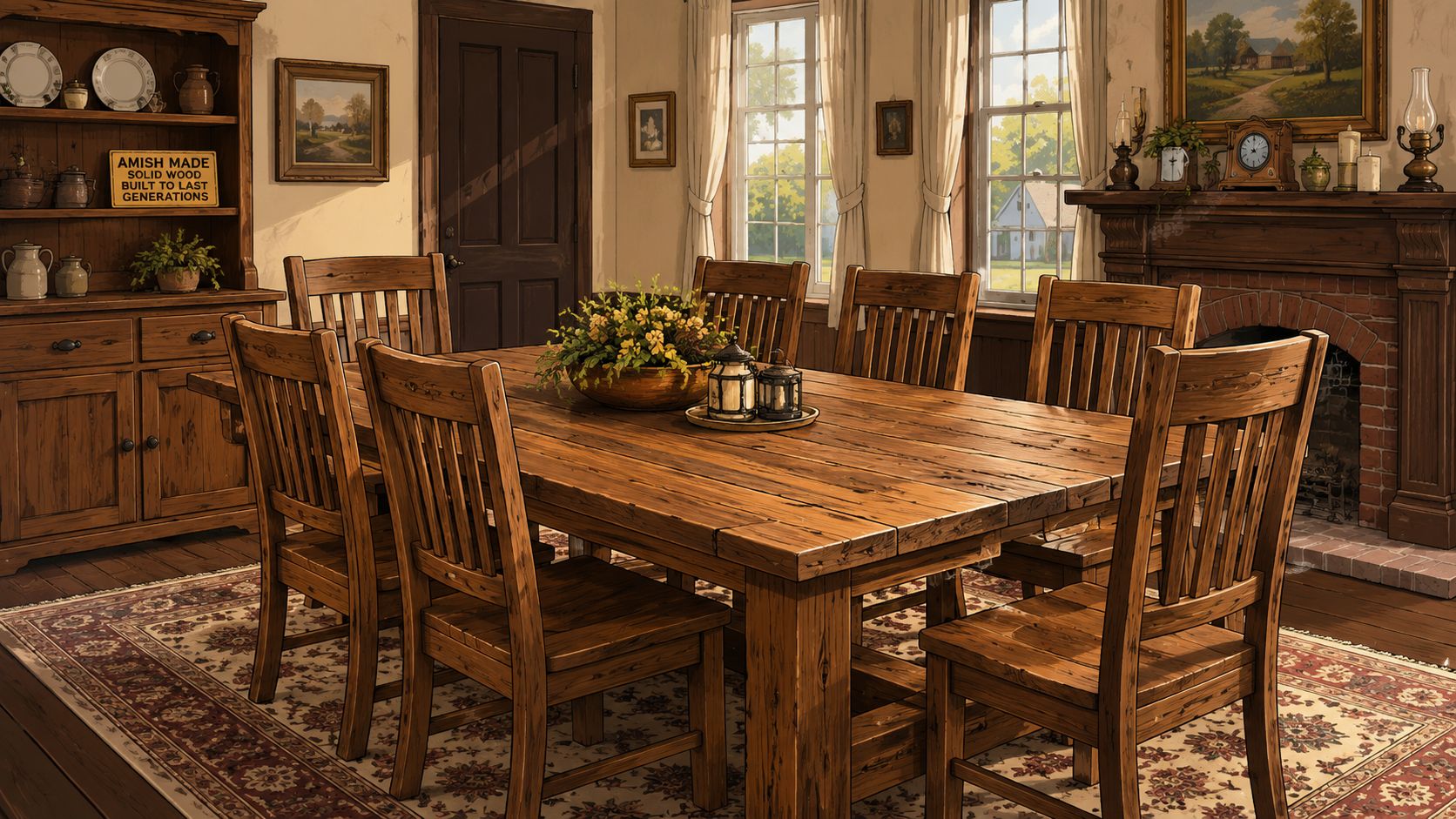 A rustic dining room interior featuring a large solid wood table with matching chairs and cozy decor.