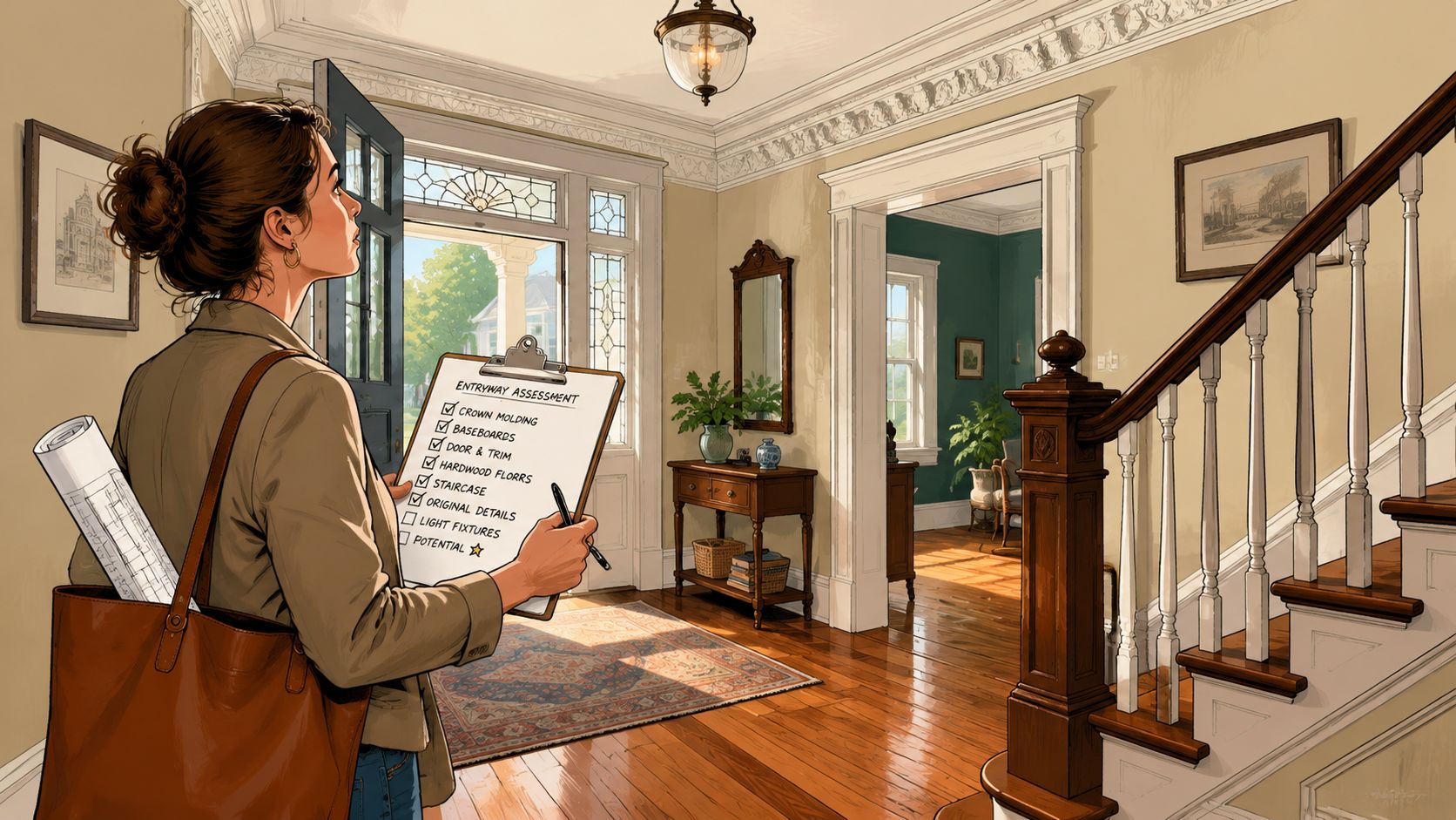 A professional interior designer holding a clipboard, conducting an entryway assessment in a classic historic home interior.