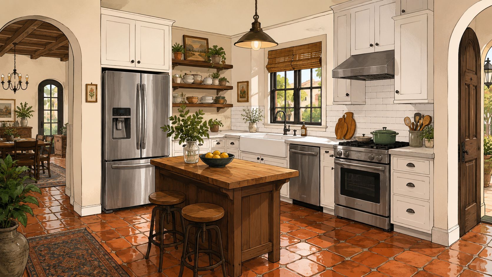 A warm, Mediterranean-style kitchen featuring terracotta floors, white cabinetry, a wood island, and stainless steel appliances.
