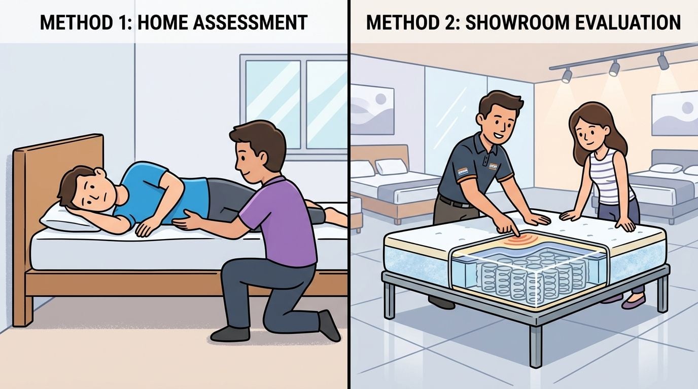 A split image showing a home assessment mattress check and a showroom evaluation of mattress springs.