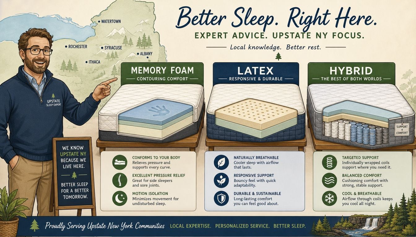 An infographic showing mattress types and benefits, presented by an Upstate New York mattress sleep expert.