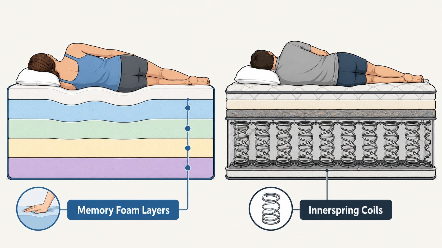 A side-by-side comparison illustration showing a person on a memory foam mattress and an innerspring mattress.