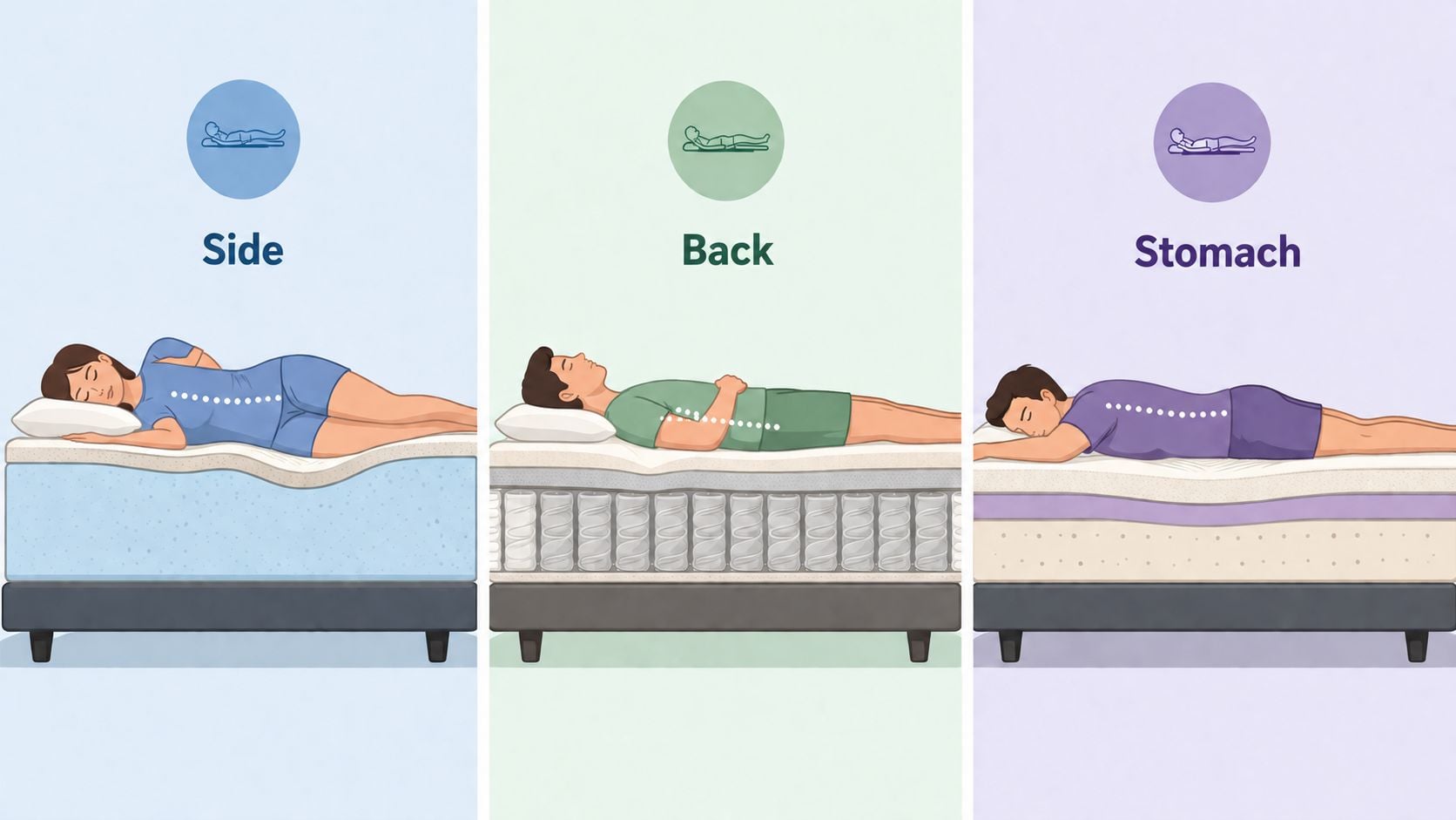 A diagram illustrating the ideal body alignment on mattresses for side, back, and stomach sleepers.