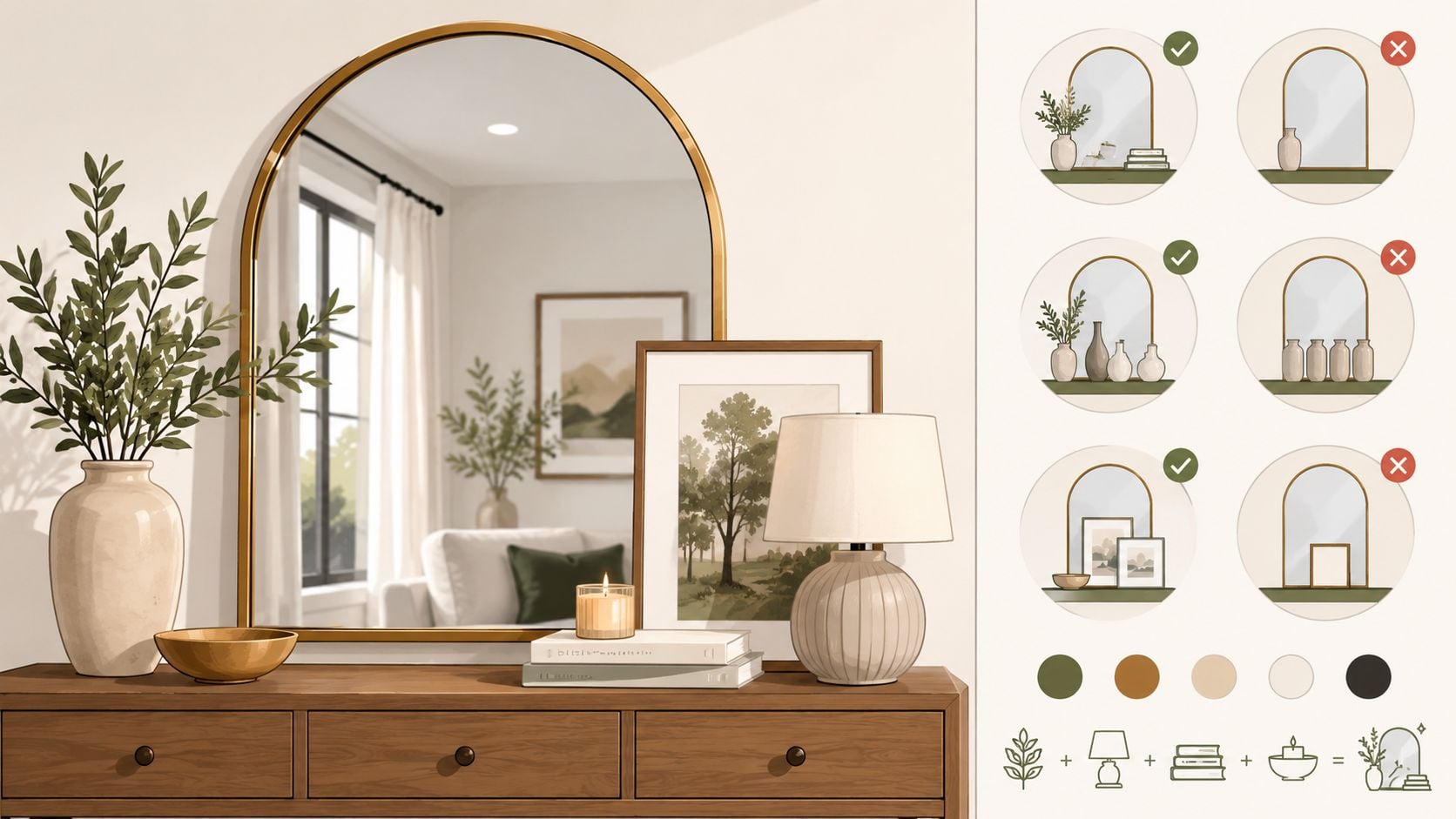 A styled console table with an arched mirror, framed artwork, a lamp, and decorative botanical elements.