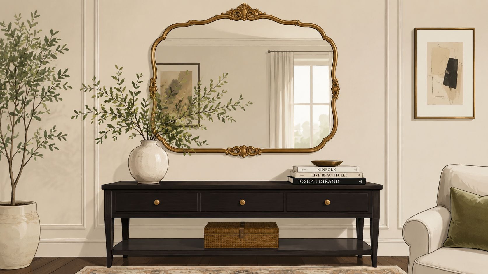 A stylish entryway featuring a black console table, a decorative gold mirror, and a potted plant.