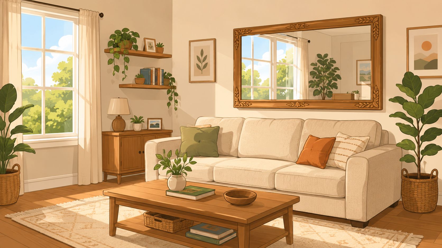 A cozy, sunlit living room featuring a large decorative wooden mirror hung above a cream-colored sofa.