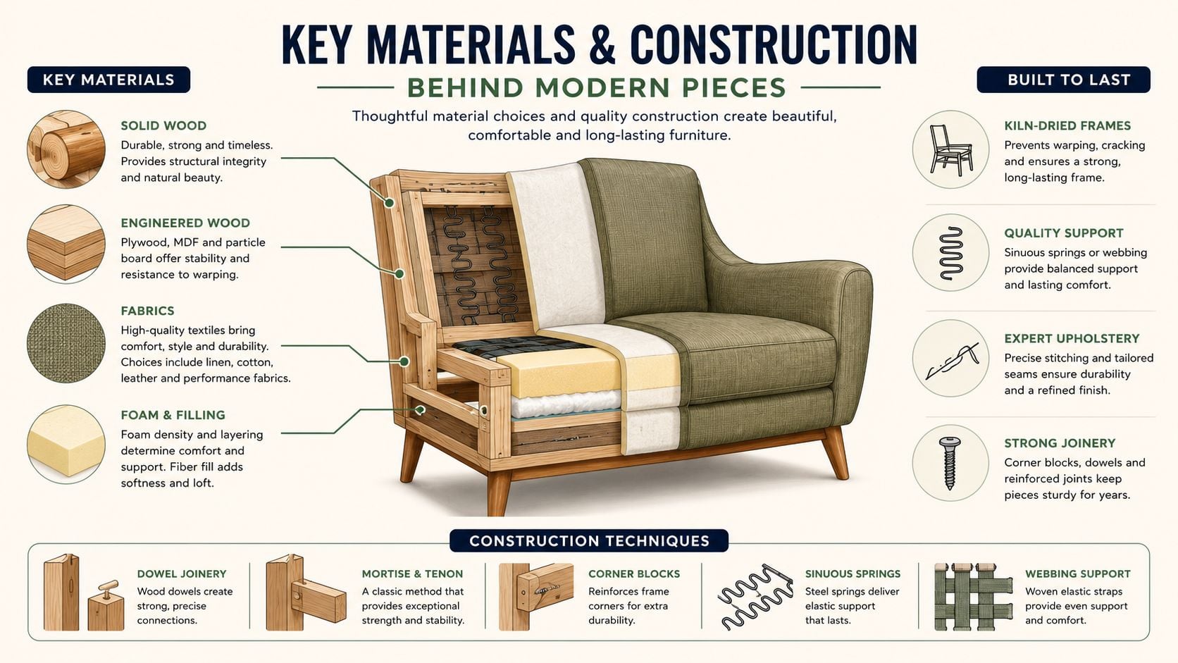 A cutaway diagram of a sofa illustrating key materials and construction techniques used in modern furniture design.