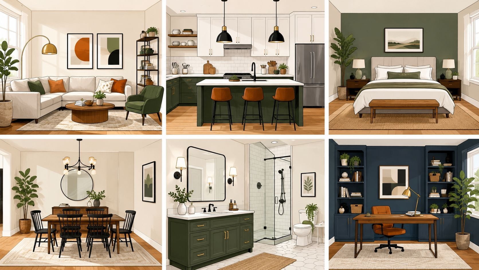 Six artistic interior design renderings showing a living room, kitchen, bedroom, dining room, bathroom, and office space.