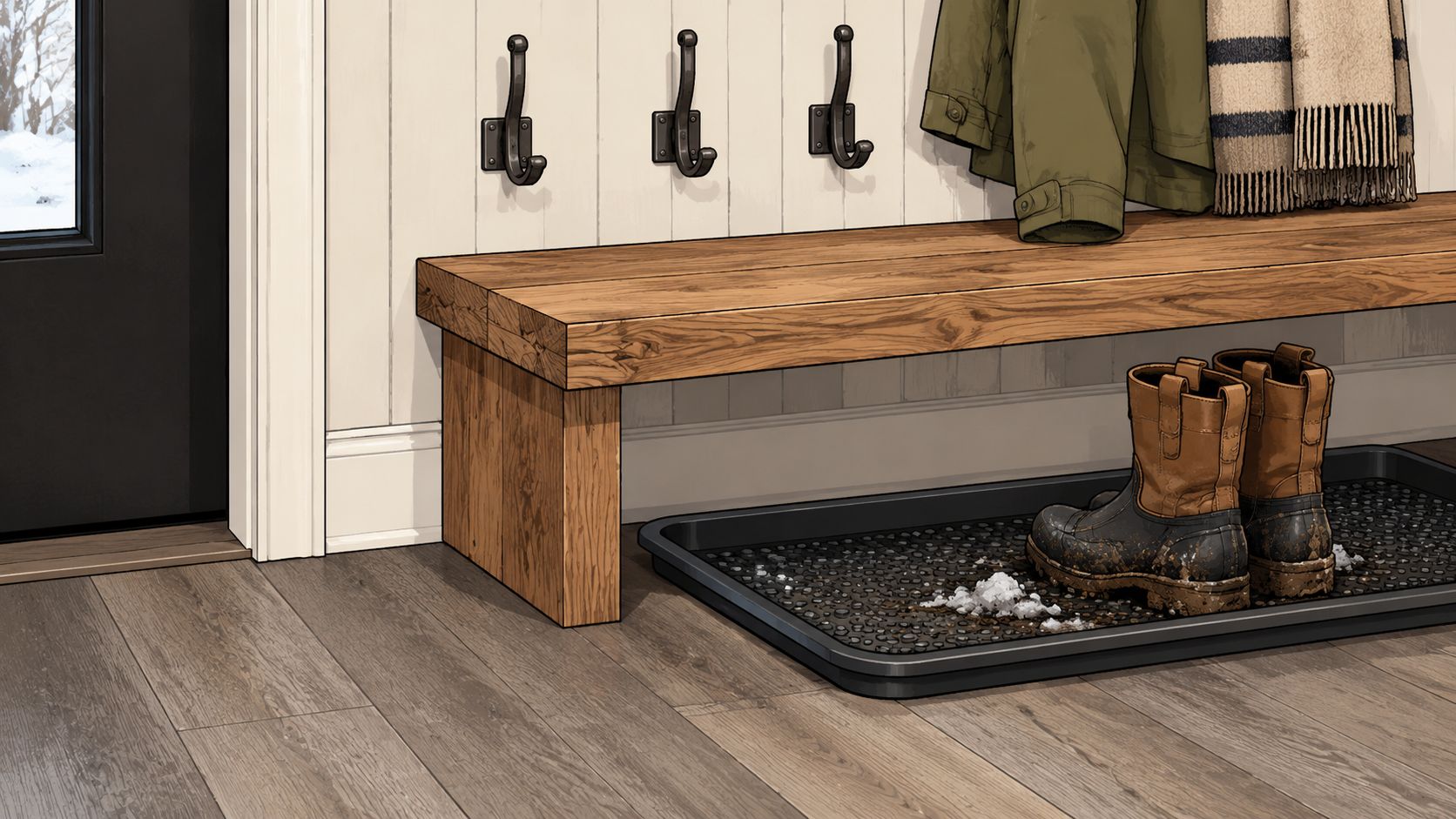 A rustic wood bench with metal hooks for coats and a boot tray holding muddy boots.