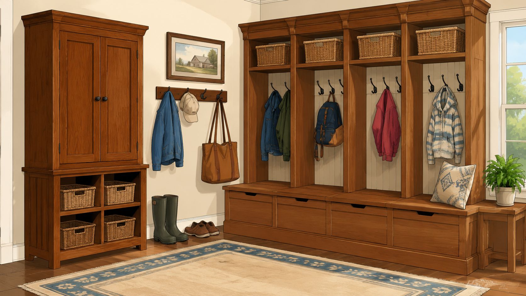 A well-organized wooden mudroom featuring storage cubbies, coat hooks, baskets, and a cozy bench area.