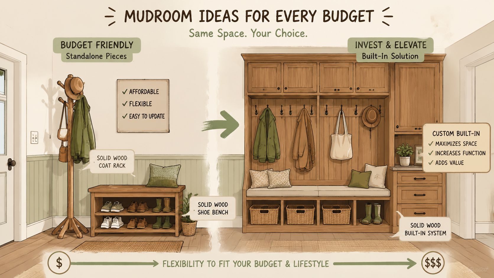 A comparative illustration showing budget-friendly standalone mudroom furniture versus a custom built-in wooden mudroom storage system.