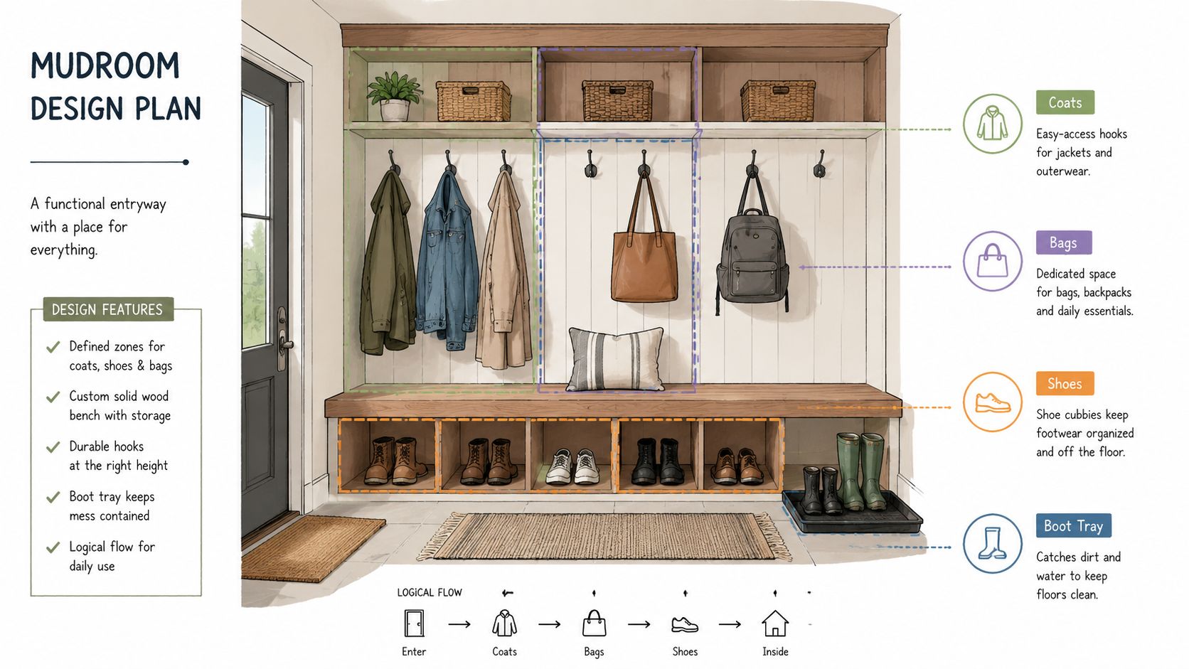 A detailed mudroom design plan illustration showing storage solutions for coats, bags, shoes, and footwear.