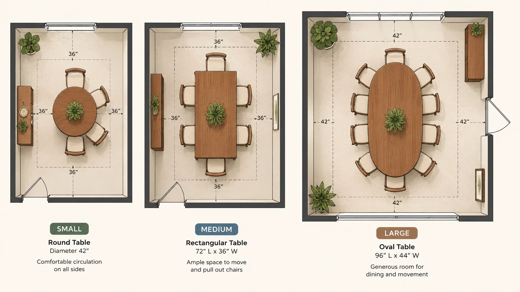 A diagram illustrating ideal room dimensions for small round, medium rectangular, and large oval dining tables.