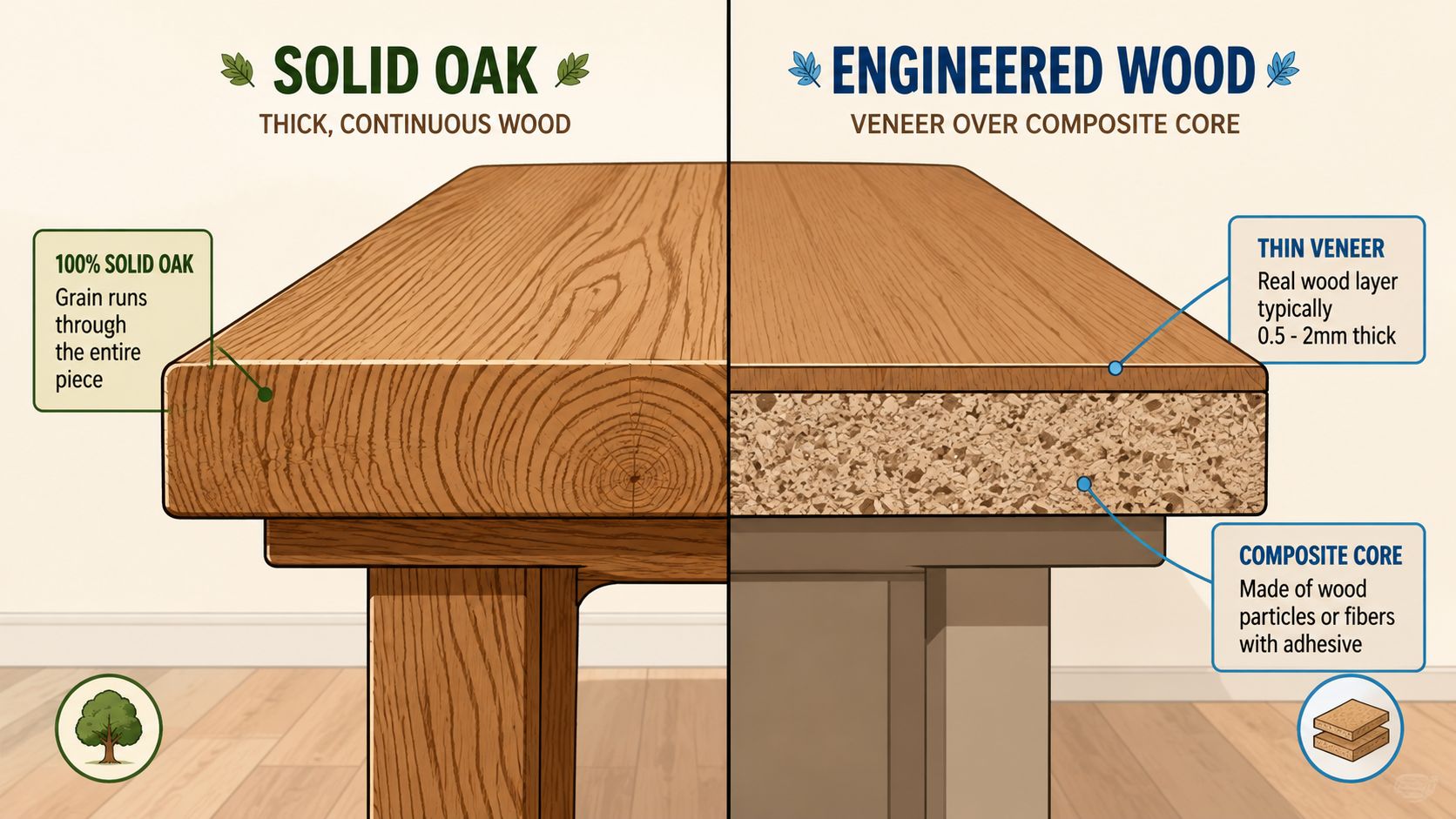 A diagram comparing solid oak versus engineered wood table construction showing material layers and internal structure.