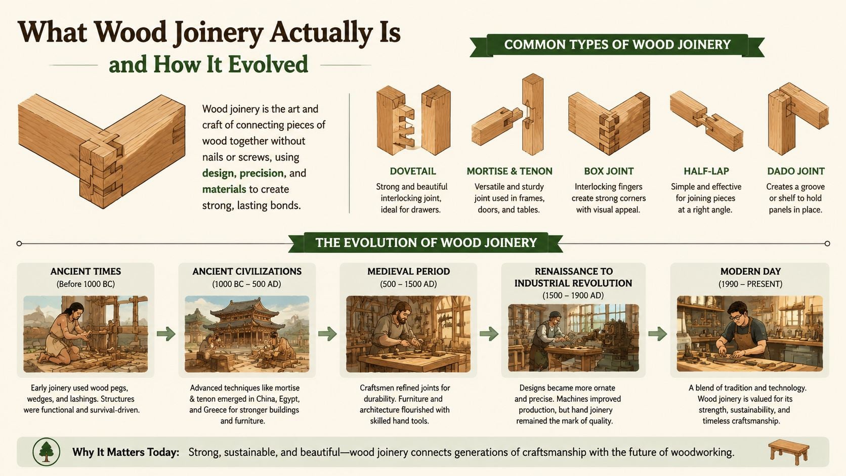 An infographic titled What Wood Joinery Actually Is illustrating common joint types and the history of woodworking.