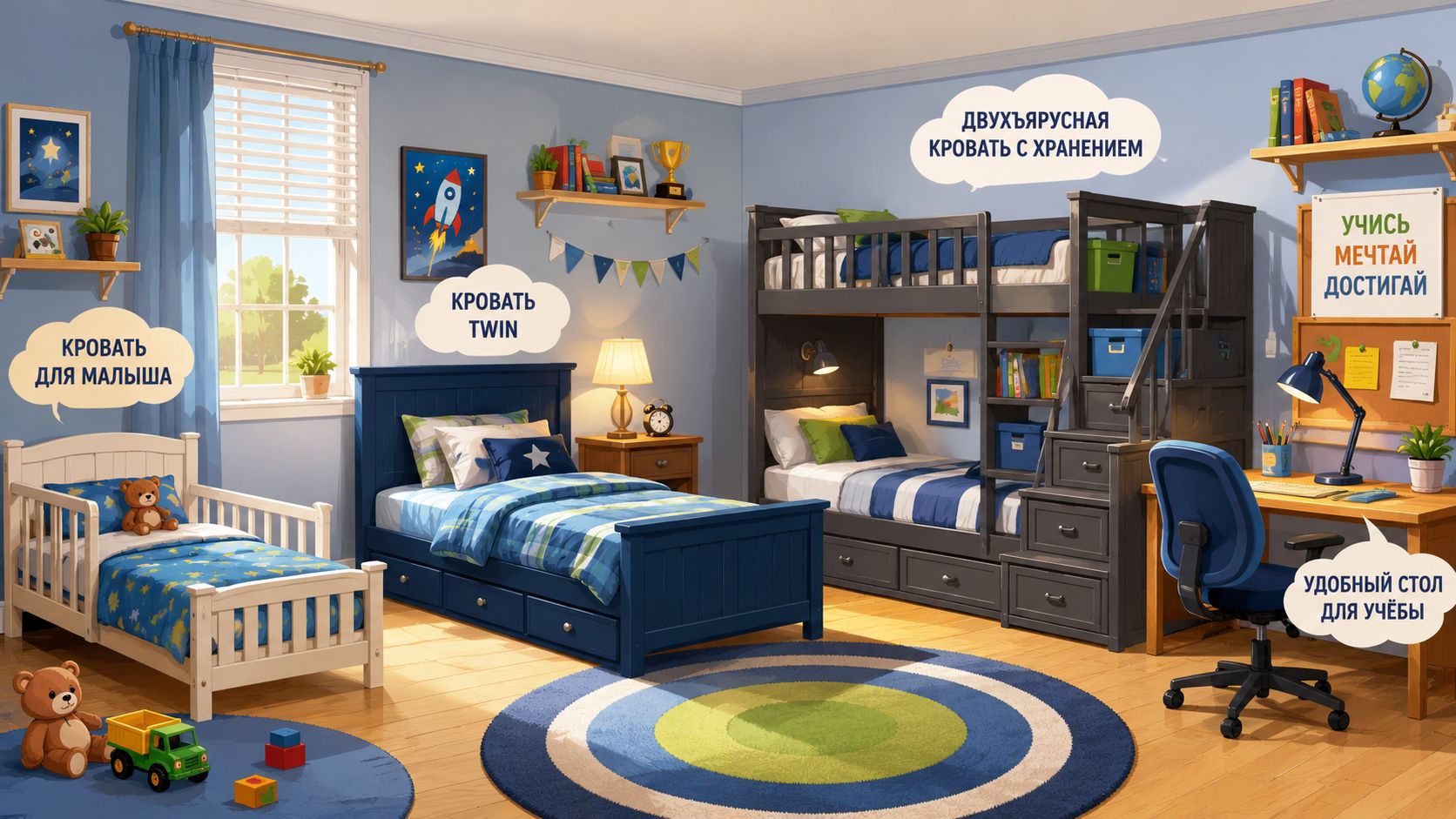 A cozy, well-lit child's bedroom featuring a toddler bed, a twin bed, a bunk bed, and a study desk.