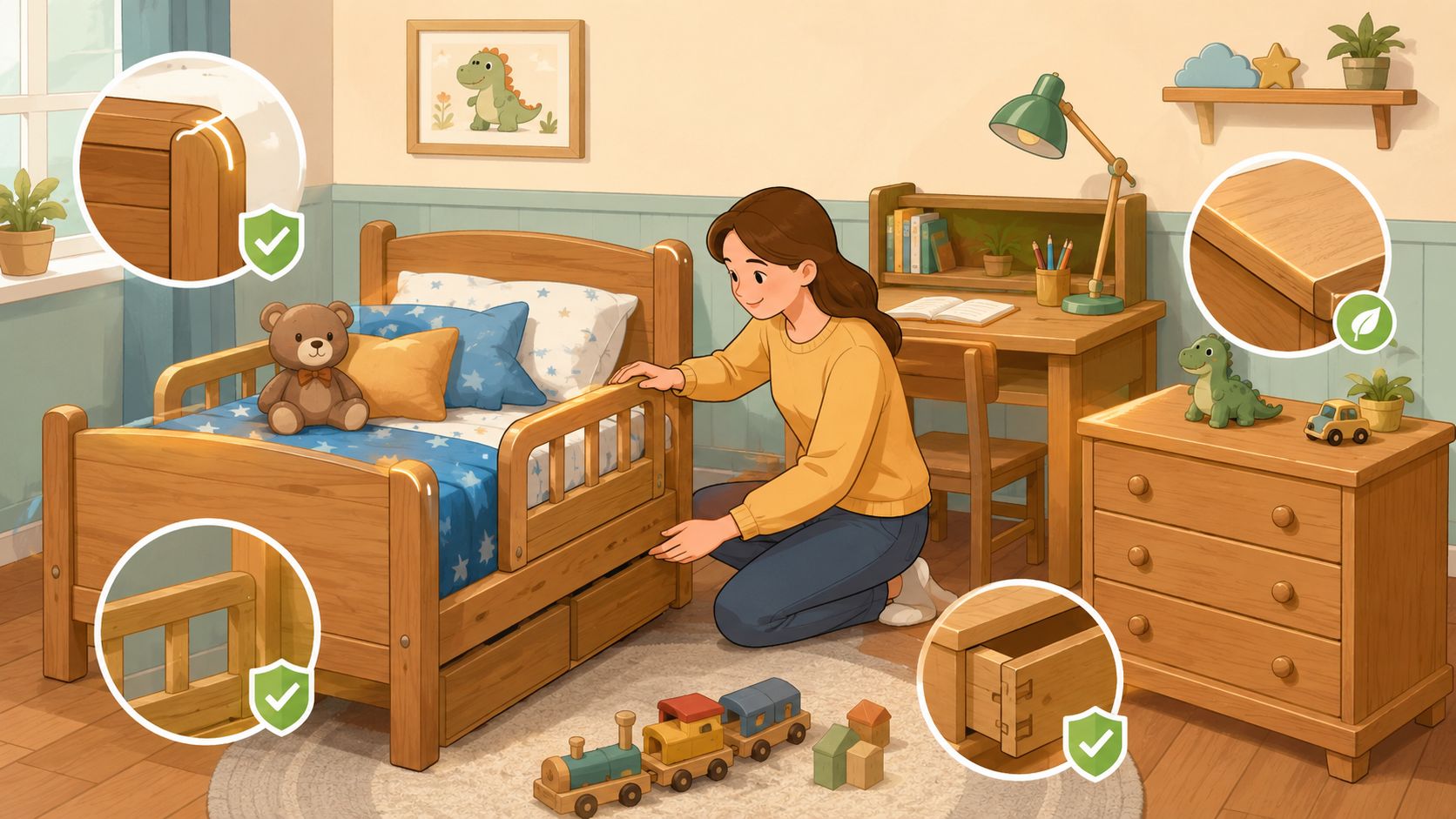 A mother assembling durable wooden youth bedroom furniture in a child's cozy room with toys.