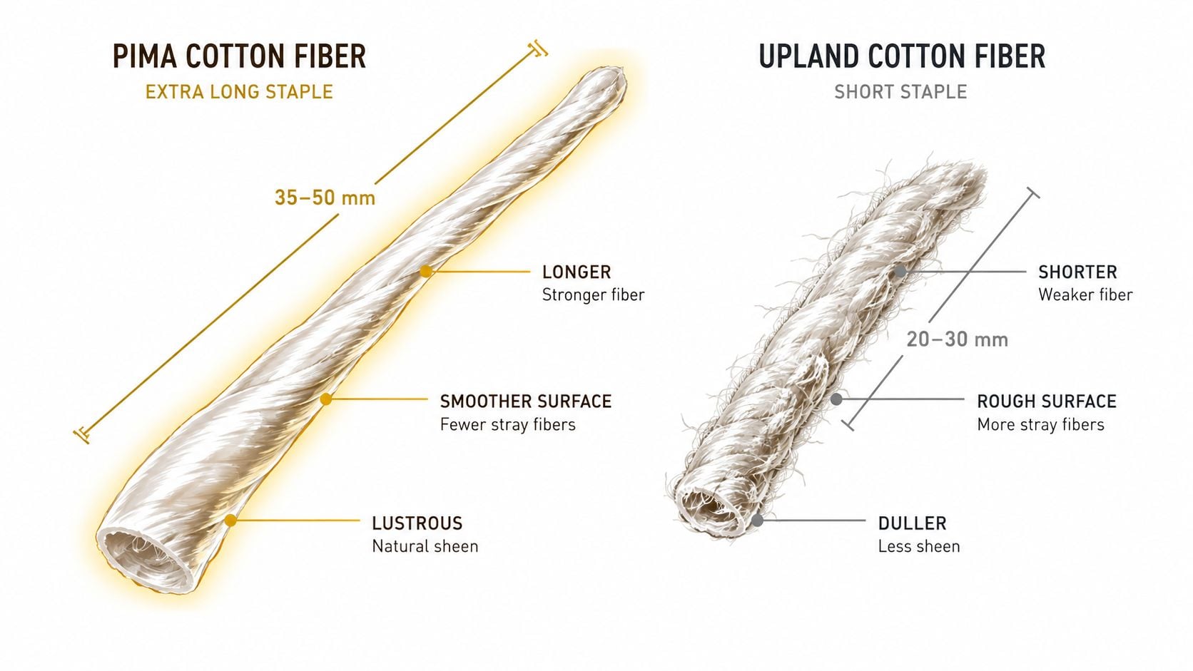 A comparison illustration showing the physical differences between Pima cotton fiber and Upland cotton fiber strands.