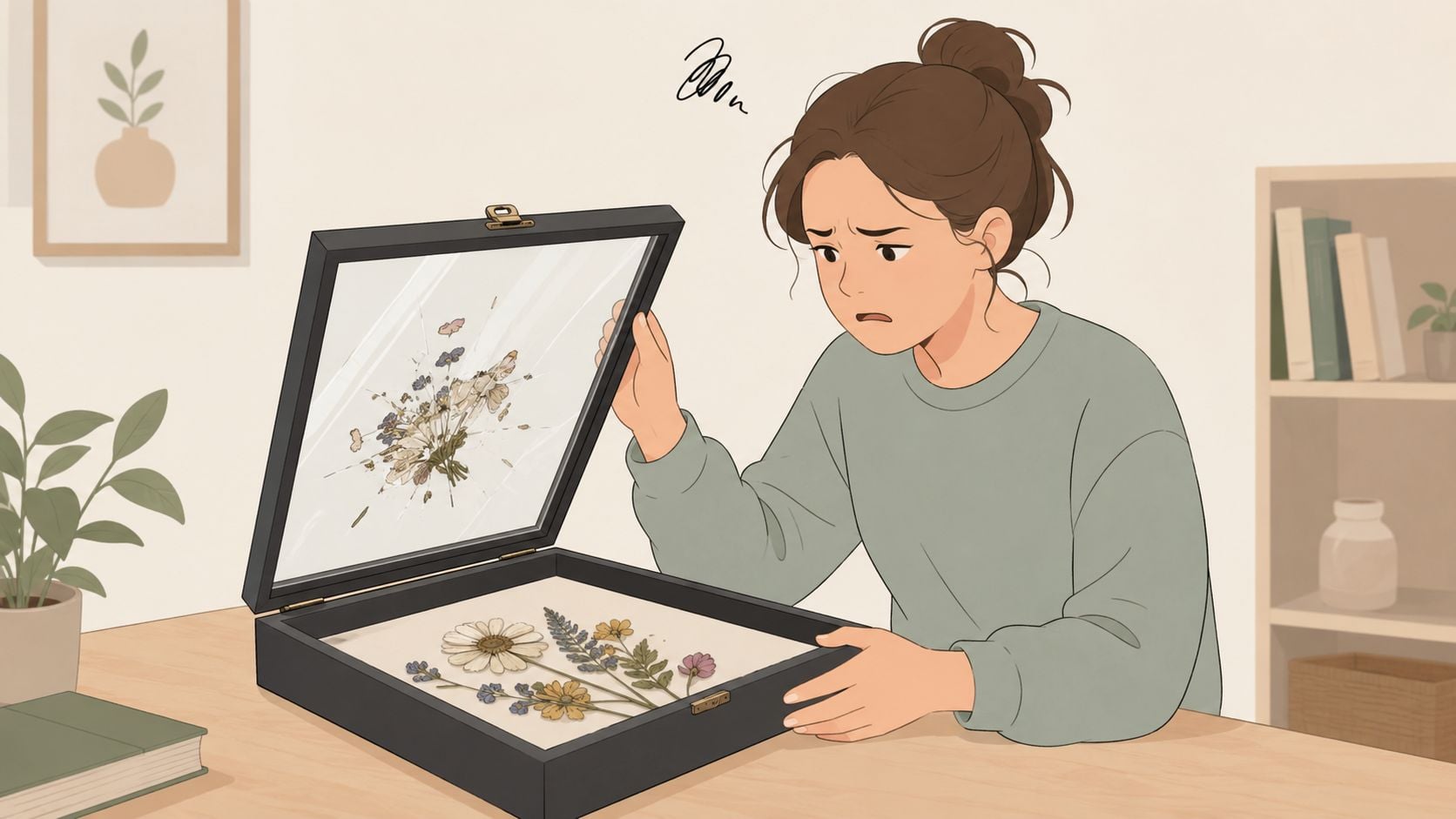A young woman looks distressed at a broken glass frame containing pressed flowers on her desk.
