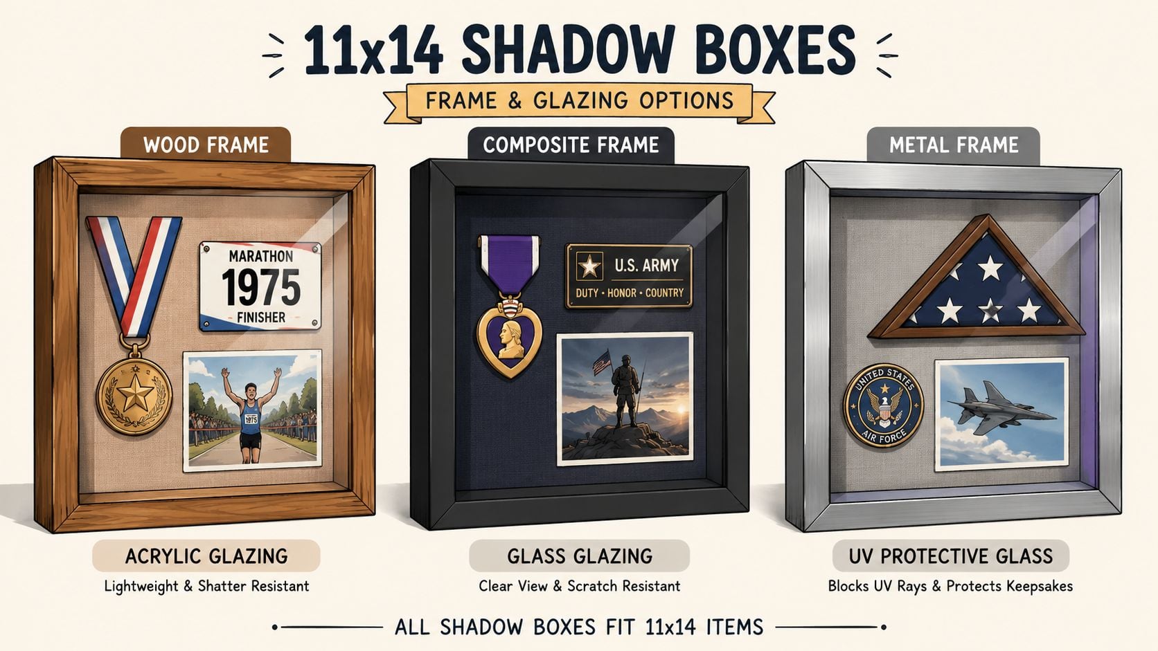 A display showing three 11x14 shadow boxes with wood, composite, and metal frames and various glazing options.